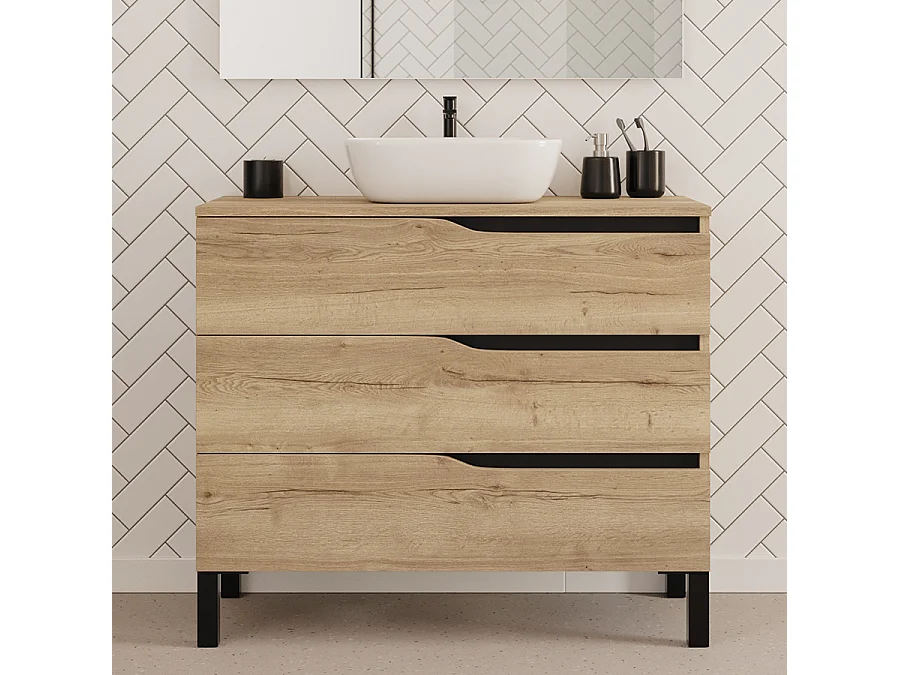 Meuble de salle de bain 100cm avec plateau et vasque à poser zeus - 3 tiroirs - madera miel (chêne clair) - MATA