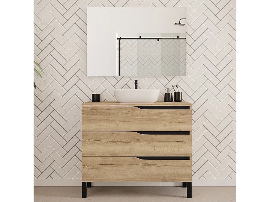 Meuble de salle de bain 100cm avec plateau et vasque à poser zeus - 3 tiroirs - madera miel (chêne clair) - MATA