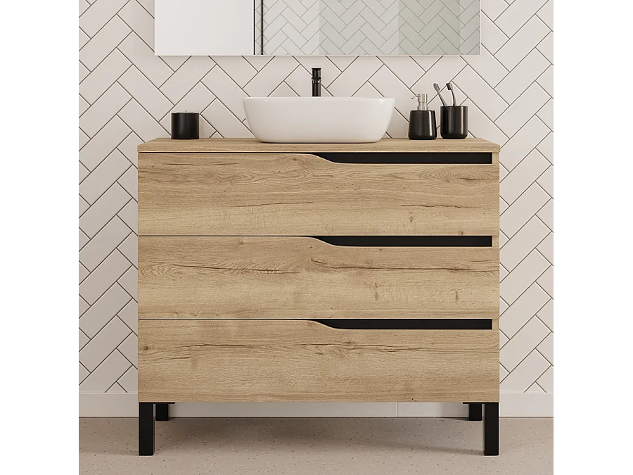 Meuble de salle de bain 100cm avec plateau et vasque à poser zeus - 3 tiroirs - madera miel (chêne clair) - MATA