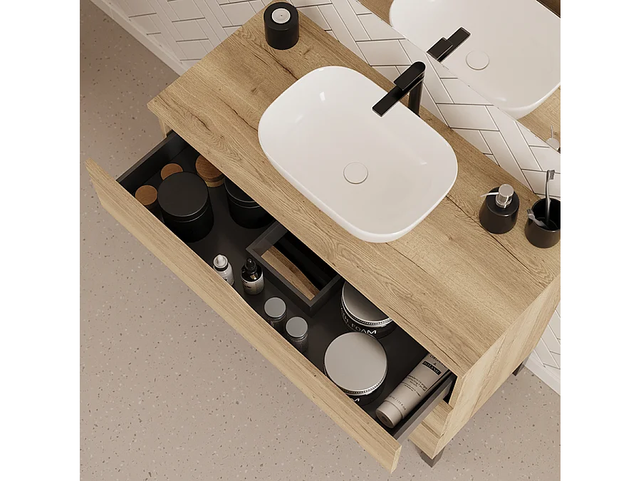 Meuble de salle de bain 100cm avec plateau et vasque à poser zeus - 3 tiroirs - madera miel (chêne clair) - MATA