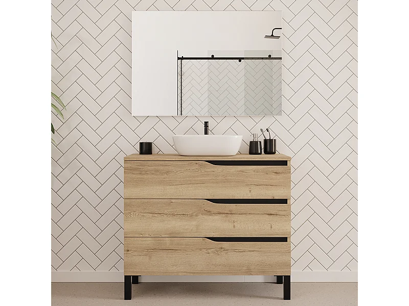 Meuble de salle de bain 100cm avec plateau et vasque à poser zeus - 3 tiroirs - madera miel (chêne clair) - MATA