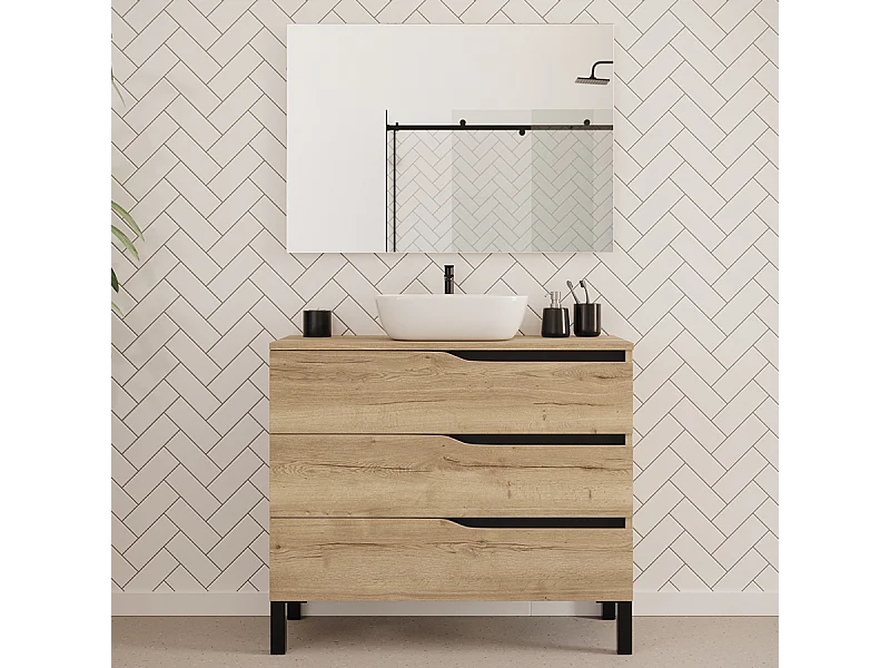 Meuble de salle de bain 100cm avec plateau et vasque à poser zeus - 3 tiroirs - madera miel (chêne clair) - MATA