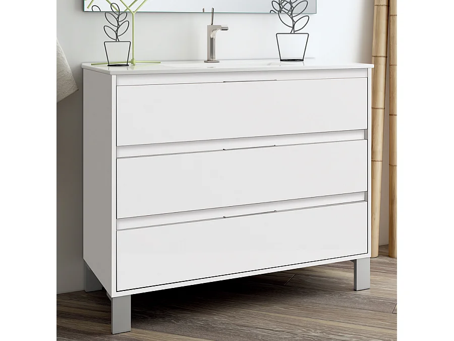 Meuble de salle de bain 100cm simple vasque - 3 tiroirs - TIRIS 3C - blanc