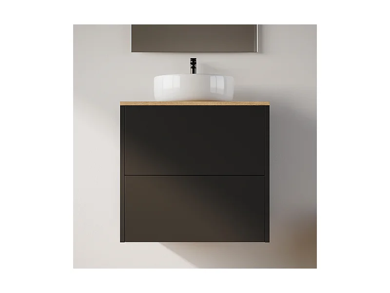 Meuble de salle de bain 60cm avec vasque à poser ronde - 2 tiroirs - sans miroir - noir - MONA