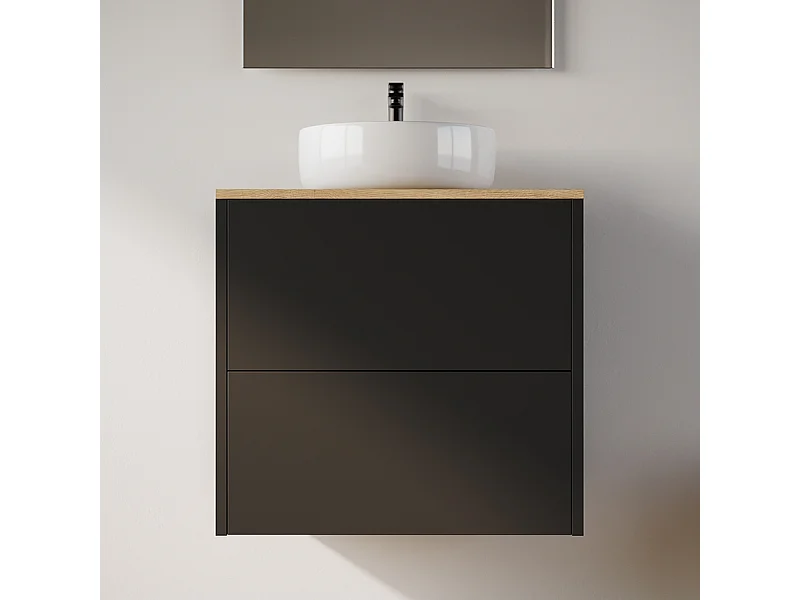Meuble de salle de bain 60cm avec vasque à poser ronde - 2 tiroirs - sans miroir - noir - MONA