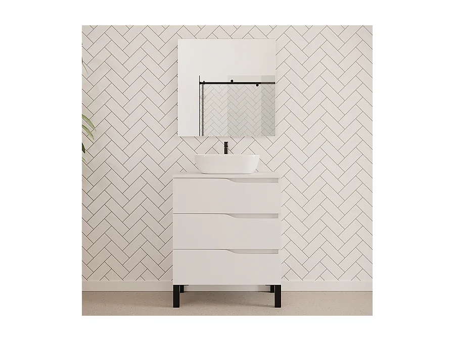 Meuble de salle de bain 80cm avec plateau et vasque à poser zeus - 3 tiroirs - blanc - MATA