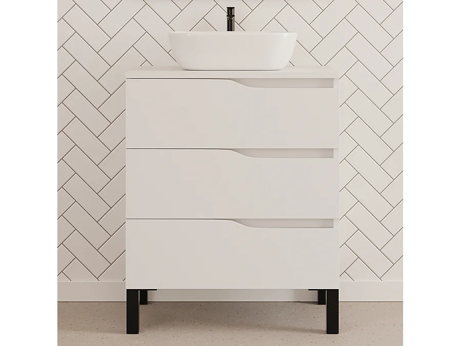 Meuble de salle de bain 80cm avec plateau et vasque à poser zeus - 3 tiroirs - blanc - MATA