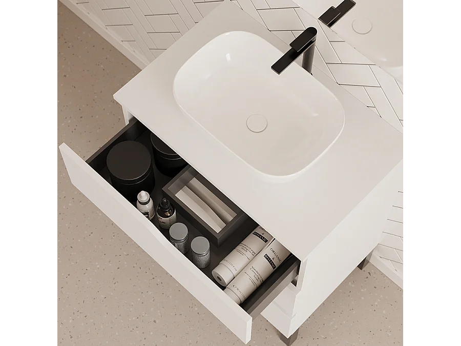 Meuble de salle de bain 80cm avec plateau et vasque à poser zeus - 3 tiroirs - blanc - MATA