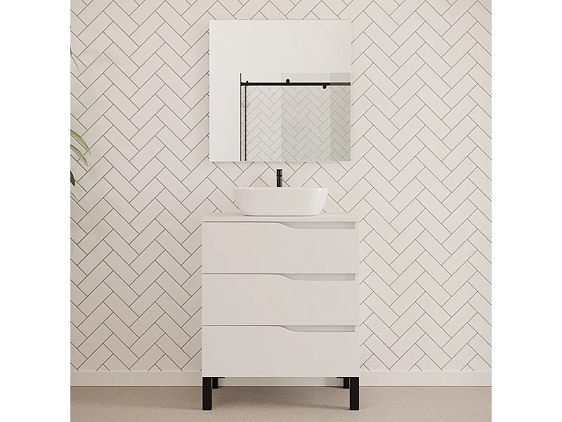Meuble de salle de bain 80cm avec plateau et vasque à poser zeus - 3 tiroirs - blanc - MATA
