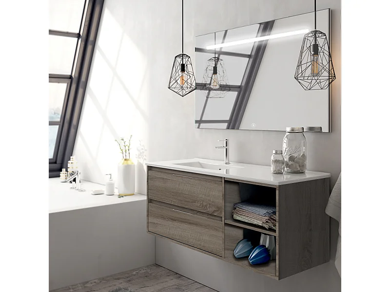Meuble de salle de bain vasque déportée 2 tiroirs OLYMPE et miroir Led STAM - britannia (chêne foncé) - 120cm