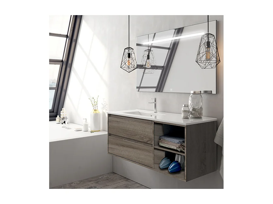 Meuble de salle de bain vasque déportée 2 tiroirs OLYMPE et miroir Led STAM - britannia (chêne foncé) - 120cm