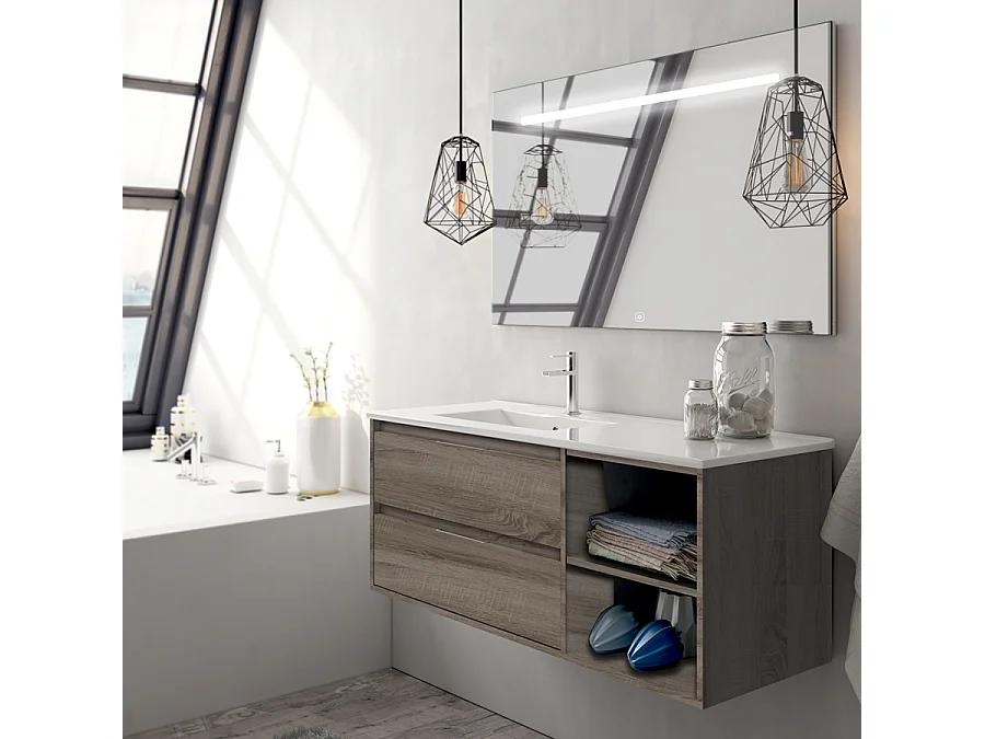 Meuble de salle de bain vasque déportée 2 tiroirs OLYMPE et miroir Led STAM - britannia (chêne foncé) - 120cm
