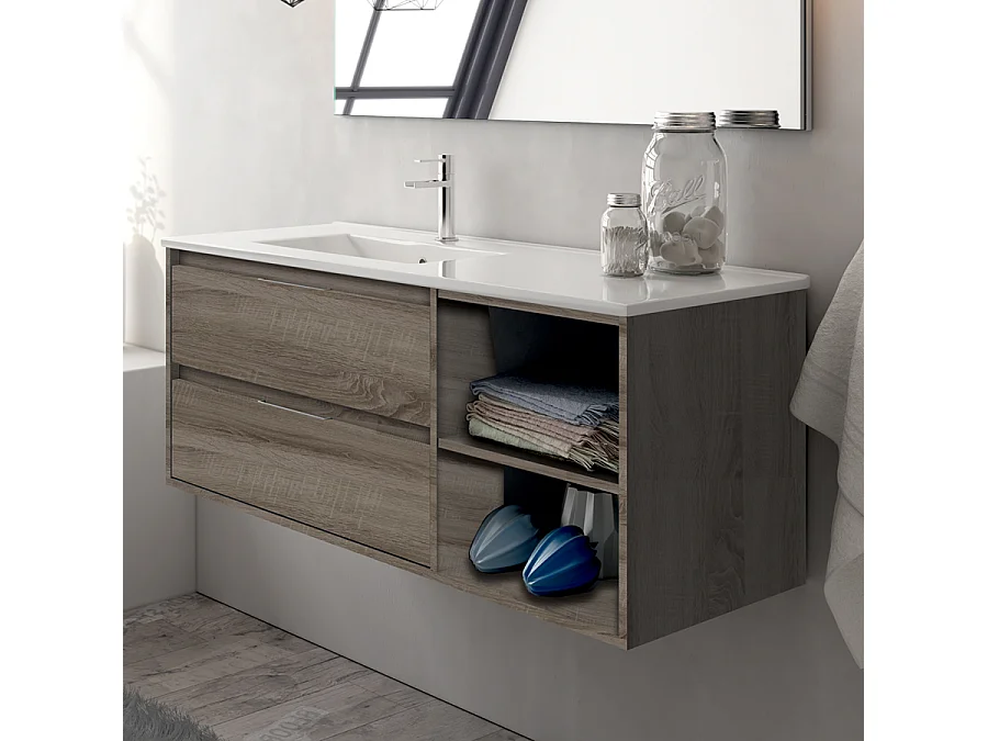 Meuble de salle de bain vasque déportée 2 tiroirs OLYMPE et miroir Led STAM - britannia (chêne foncé) - 120cm