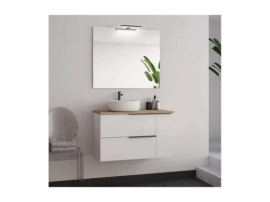 Meuble de salle de bain 80cm avec vasque à poser ronde et miroir avec applique - blanc - KING