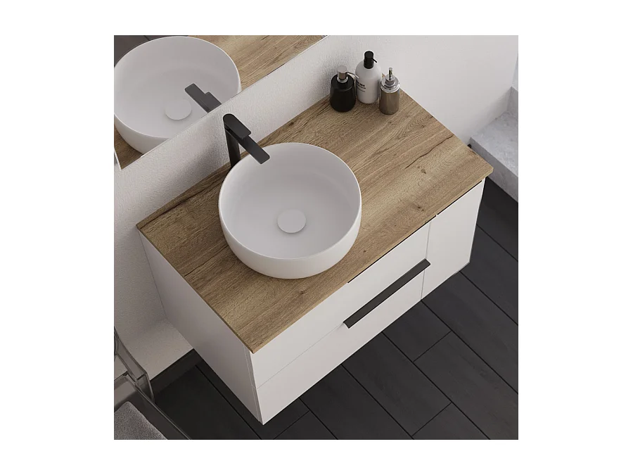 Meuble de salle de bain 80cm avec vasque à poser ronde et miroir avec applique - blanc - KING