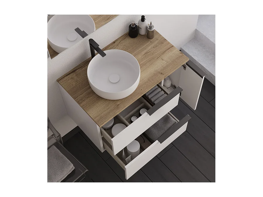 Meuble de salle de bain 80cm avec vasque à poser ronde et miroir avec applique - blanc - KING