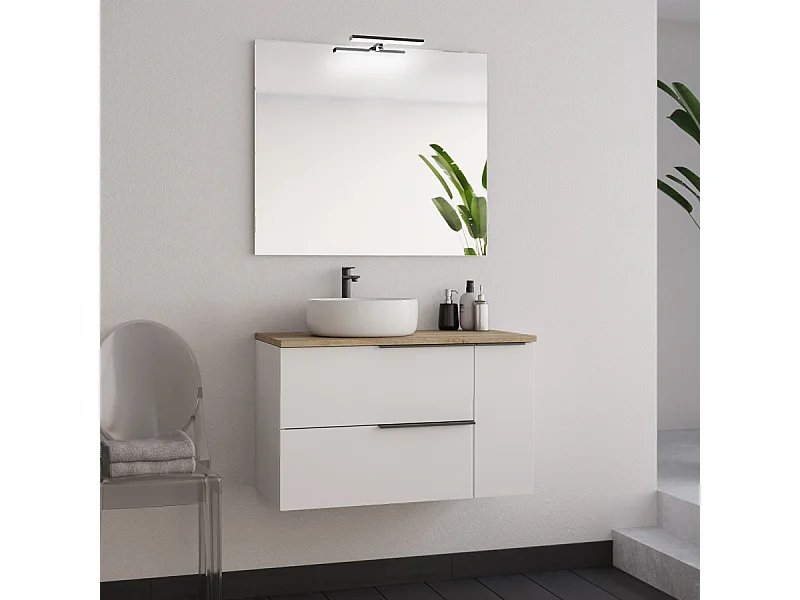 Meuble de salle de bain 80cm avec vasque à poser ronde et miroir avec applique - blanc - KING