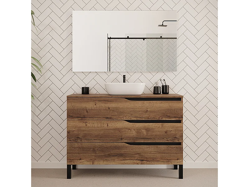 Meuble de salle de bain 120cm avec plateau et vasque à poser zeus - 3 tiroirs - tabaco (chêne foncé) - MATA