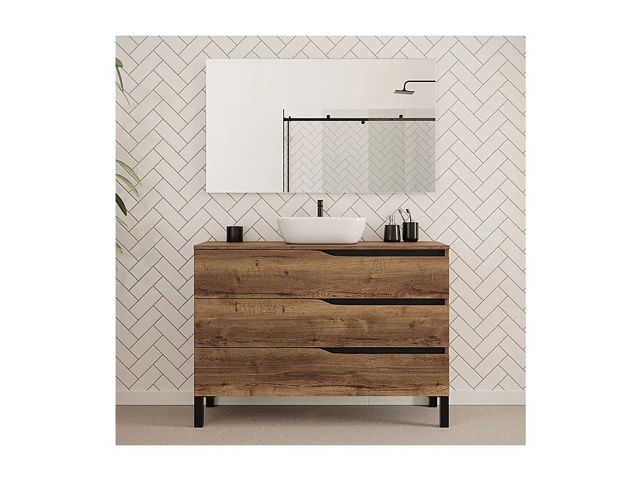 Meuble de salle de bain 120cm avec plateau et vasque à poser zeus - 3 tiroirs - tabaco (chêne foncé) - MATA