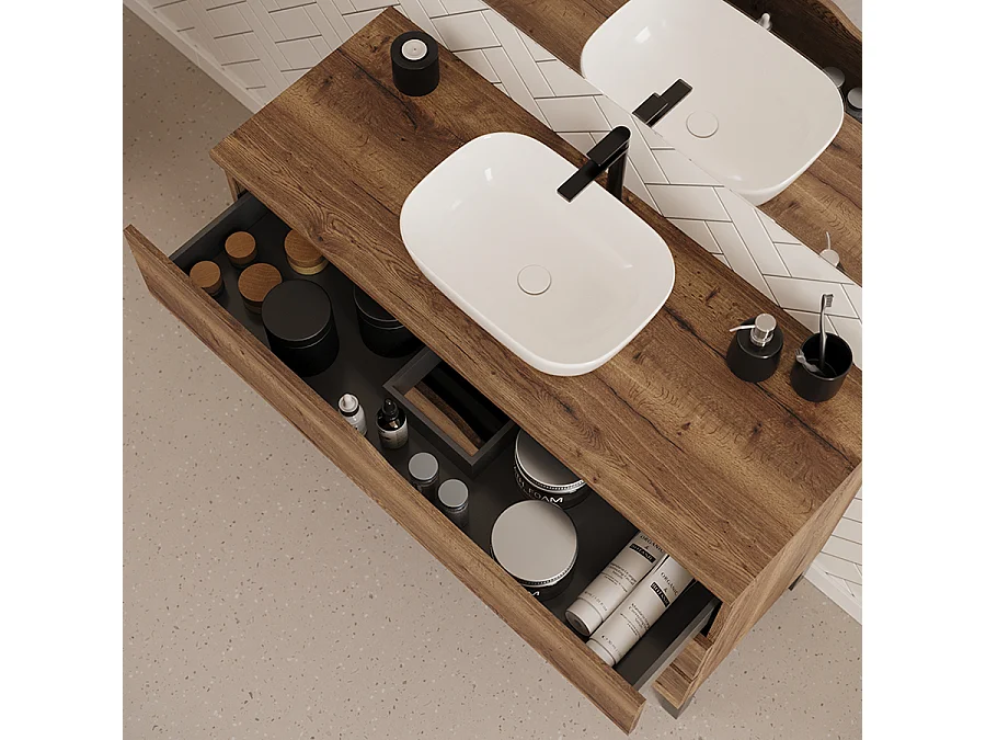 Meuble de salle de bain 120cm avec plateau et vasque à poser zeus - 3 tiroirs - tabaco (chêne foncé) - MATA