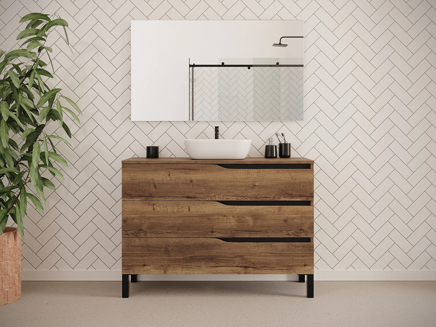 Meuble de salle de bain 120cm avec plateau et vasque à poser zeus - 3 tiroirs - tabaco (chêne foncé) - MATA