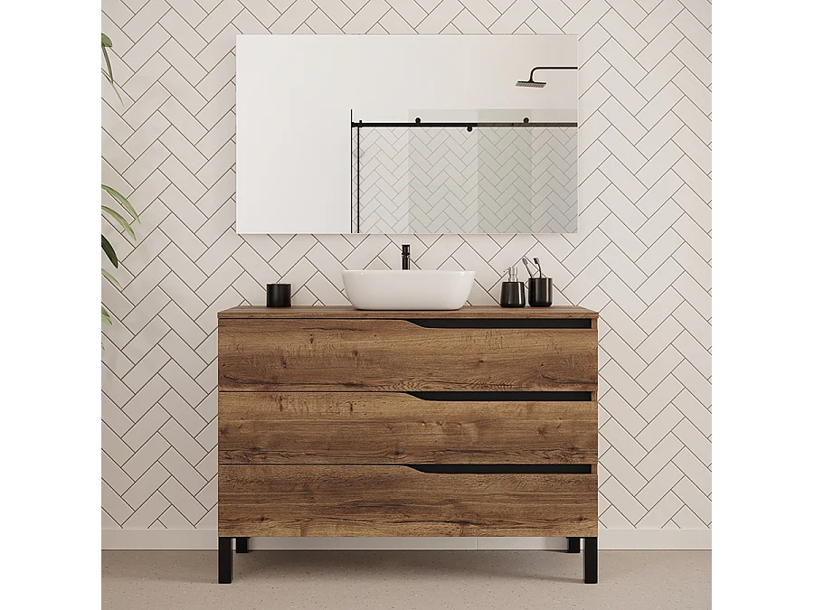Meuble de salle de bain 120cm avec plateau et vasque à poser zeus - 3 tiroirs - tabaco (chêne foncé) - MATA