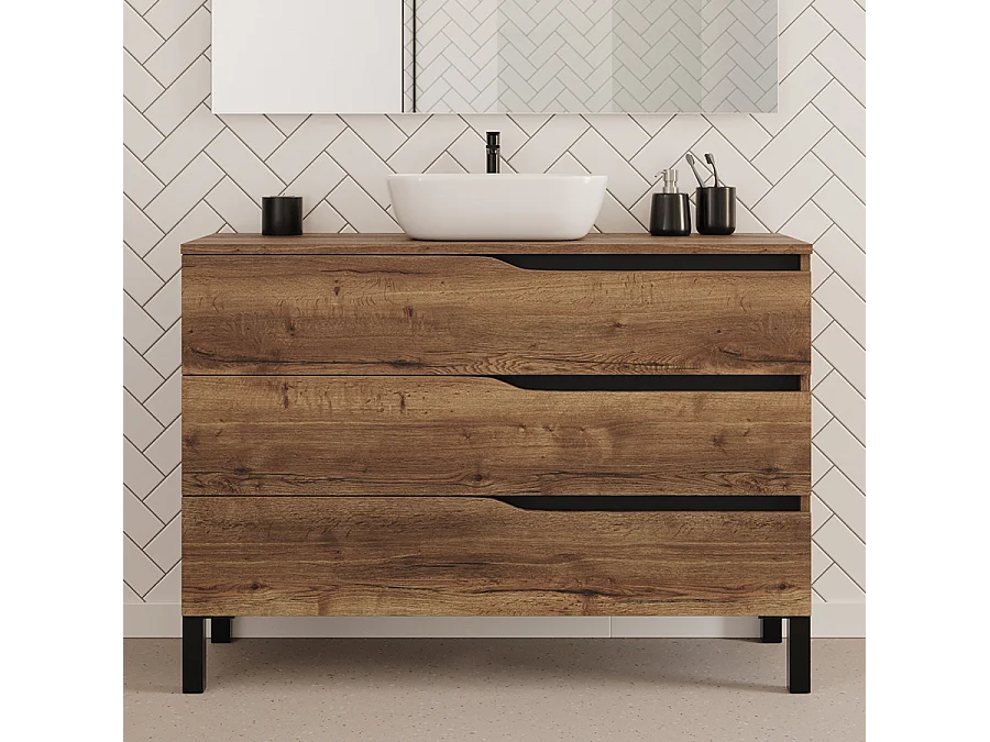 Meuble de salle de bain 120cm avec plateau et vasque à poser zeus - 3 tiroirs - tabaco (chêne foncé) - MATA