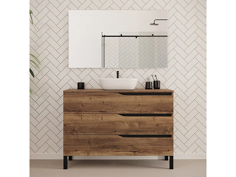 Meuble de salle de bain 120cm avec plateau et vasque à poser zeus - 3 tiroirs - tabaco (chêne foncé) - MATA