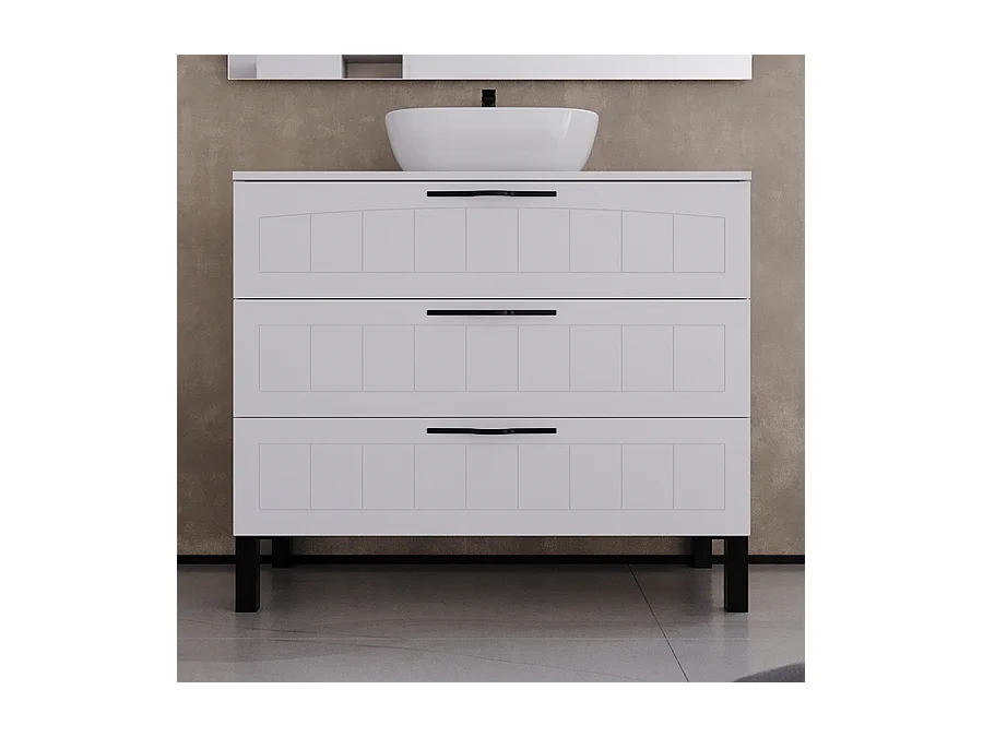 Meuble de salle de bain 90cm avec plateau et vasque à poser ovale - 3 tiroirs - sans miroir - blanc - CALA