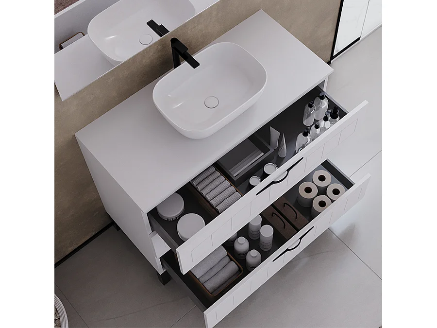 Meuble de salle de bain 90cm avec plateau et vasque à poser ovale - 3 tiroirs - sans miroir - blanc - CALA