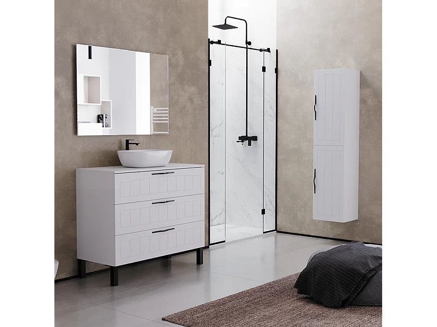 Meuble de salle de bain 90cm avec plateau et vasque à poser ovale - 3 tiroirs - sans miroir - blanc - CALA
