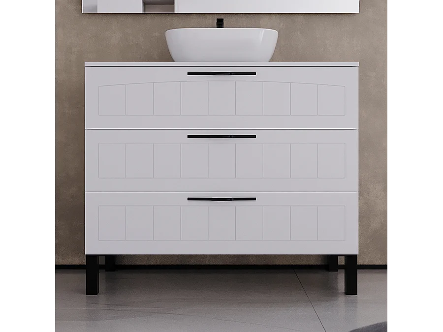 Meuble de salle de bain 90cm avec plateau et vasque à poser ovale - 3 tiroirs - sans miroir - blanc - CALA