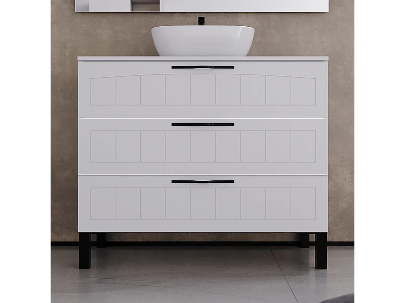 Meuble de salle de bain 90cm avec plateau et vasque à poser ovale - 3 tiroirs - sans miroir - blanc - CALA