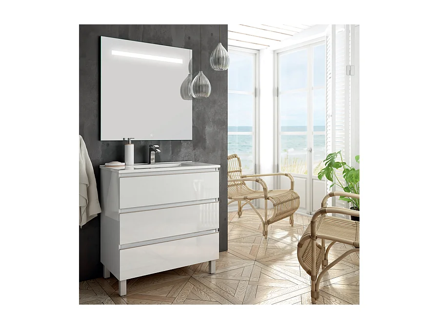 Meuble de salle de bain simple vasque - 3 tiroirs - PALMA et miroir Led STAM - blanc - 80cm