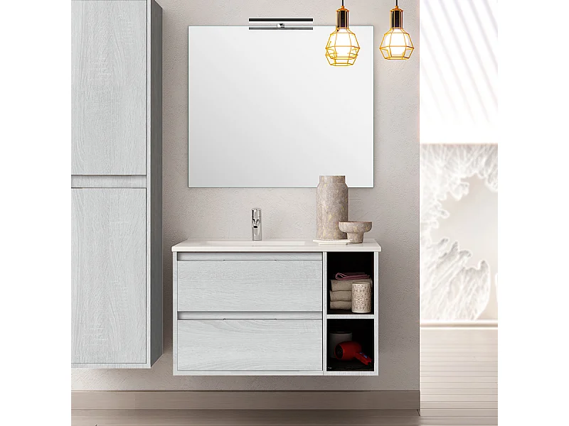 Meuble de salle de bain 80cm vasque déportée - 2 tiroirs et 2 niches - OLYMPE - hibernian (bois blanchi)