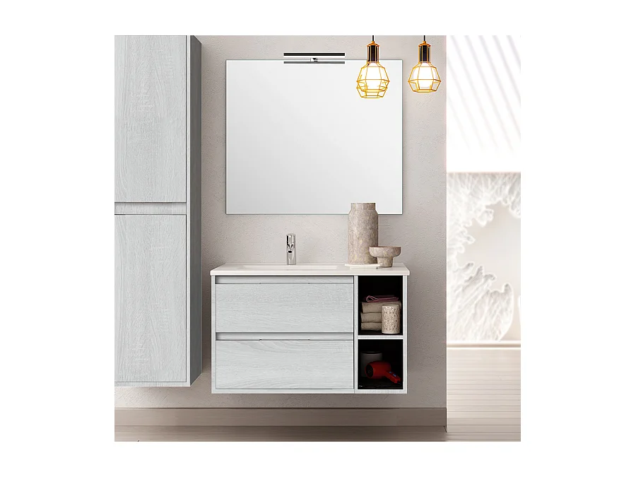 Meuble de salle de bain 80cm vasque déportée - 2 tiroirs et 2 niches - OLYMPE - hibernian (bois blanchi)