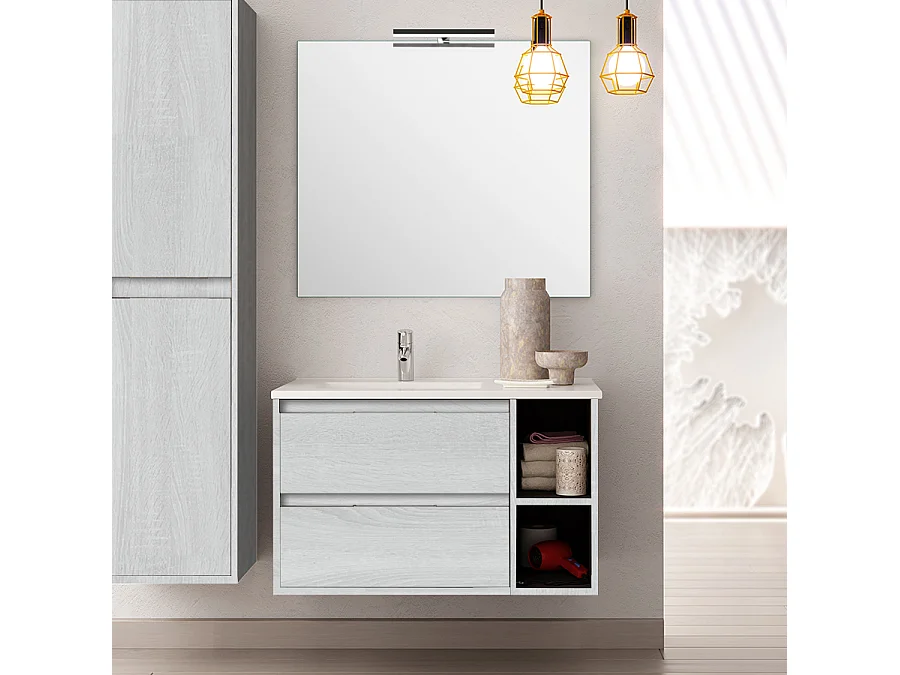 Meuble de salle de bain 80cm vasque déportée - 2 tiroirs et 2 niches - OLYMPE - hibernian (bois blanchi)