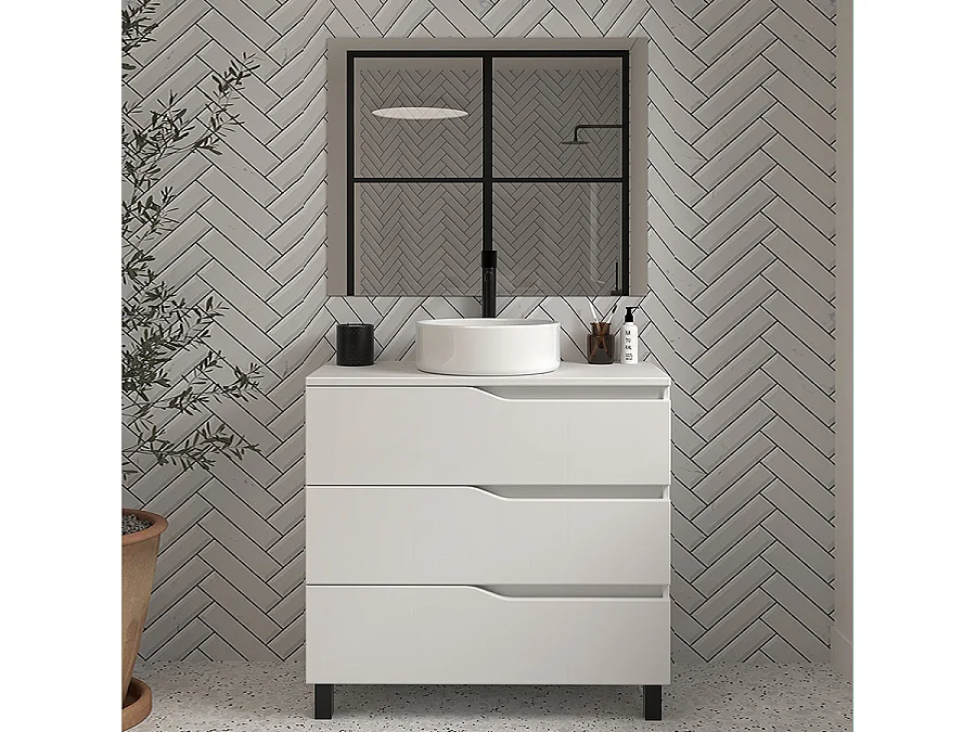 Meuble de salle de bain 70cm avec plateau et vasque à poser - 3 tiroirs - blanc - MATA