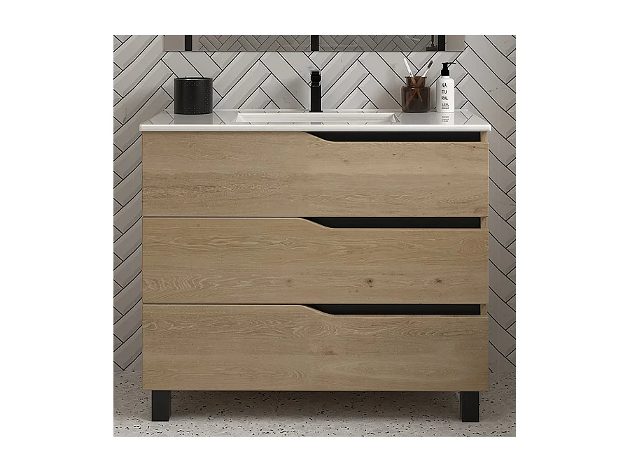 Meuble de salle de bain 70cm simple vasque - 3 tiroirs - sans miroir - madera miel (bois clair) - MATA