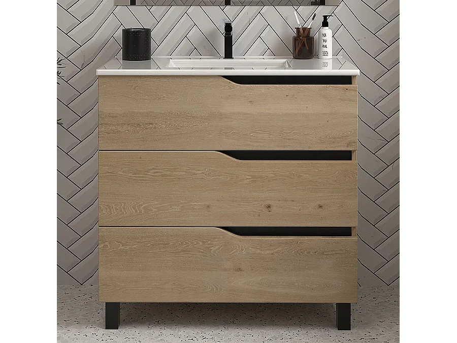 Meuble de salle de bain 70cm simple vasque - 3 tiroirs - sans miroir - madera miel (bois clair) - MATA