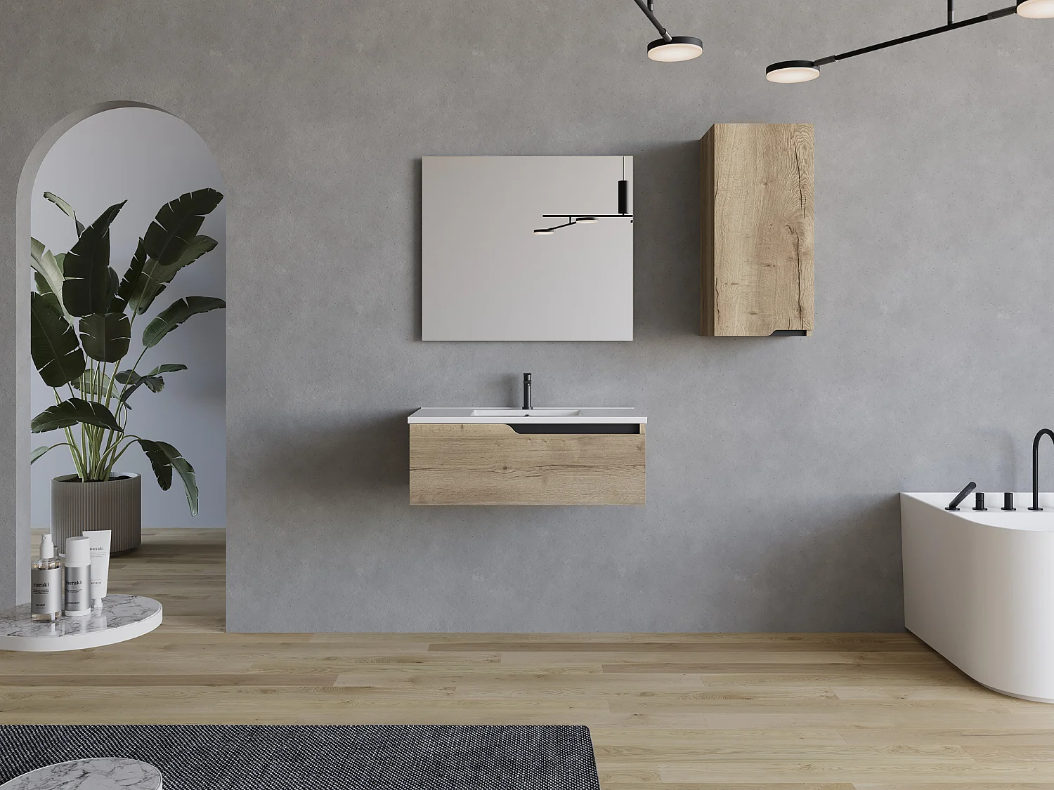 Meuble de salle de bain 80cm avec plan simple vasque - sans miroir - 1 tiroir - madera miel (chêne clair) - CADIX