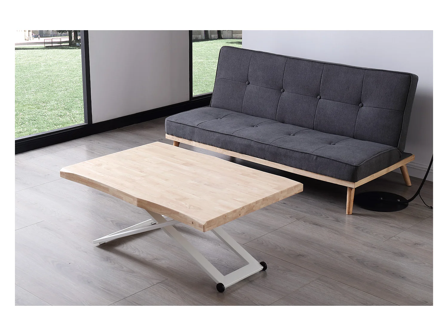 Table basse rectangulaire en bois et métal coloris chêne nordique blanc - longueur 120 x profondeur 80 x hauteur 49 -76 cm