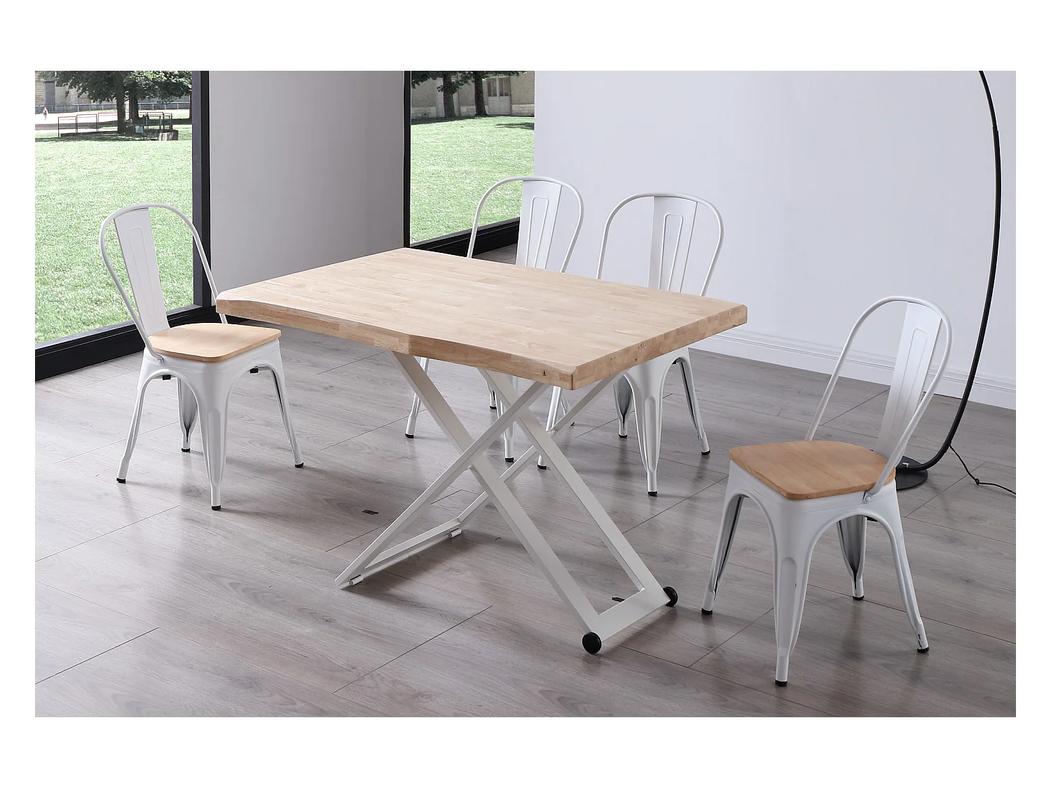 Table basse rectangulaire en bois et métal coloris chêne nordique blanc - longueur 120 x profondeur 80 x hauteur 49 -76 cm