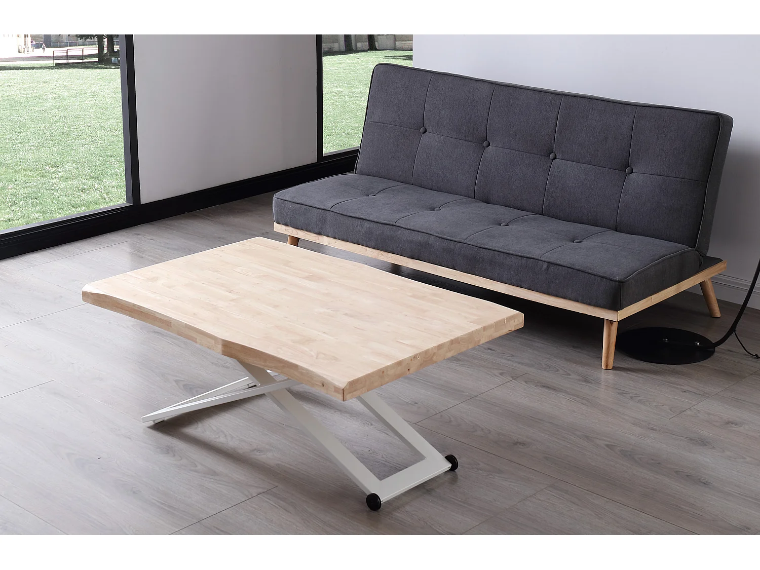 Table basse rectangulaire en bois et métal coloris chêne nordique blanc - longueur 120 x profondeur 80 x hauteur 49 -76 cm