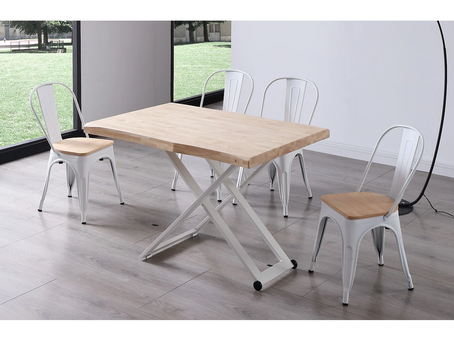 Table basse rectangulaire en bois et métal coloris chêne nordique blanc - longueur 120 x profondeur 80 x hauteur 49 -76 cm