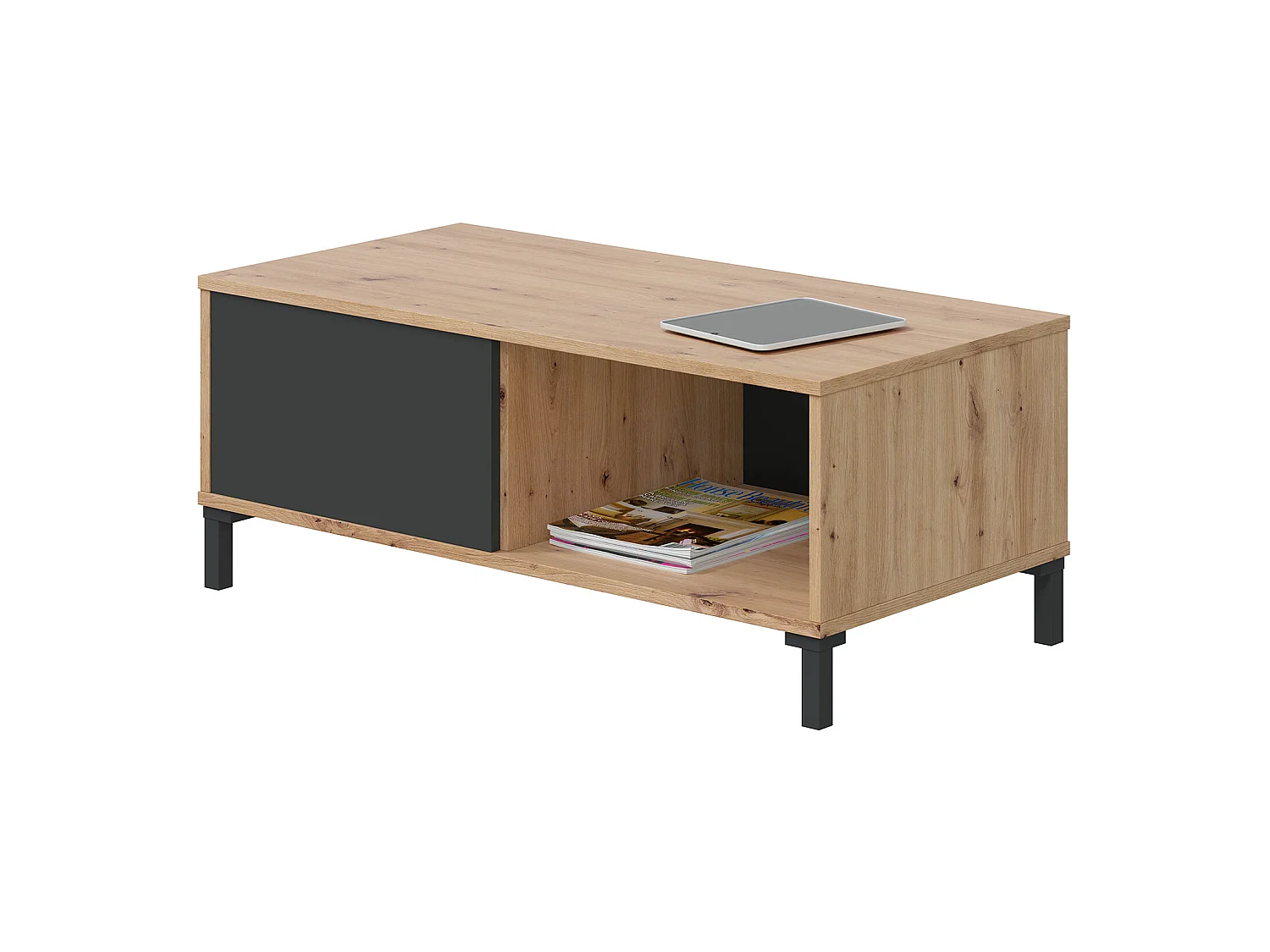 Table basse avec rangement en mélamine coloris chêne/gris anthracite - Hauteur 40 x Longueur 100 x Profondeur 50 cm