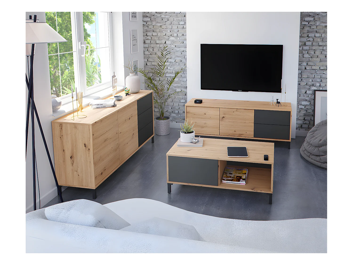 Table basse avec rangement en mélamine coloris chêne/gris anthracite - Hauteur 40 x Longueur 100 x Profondeur 50 cm