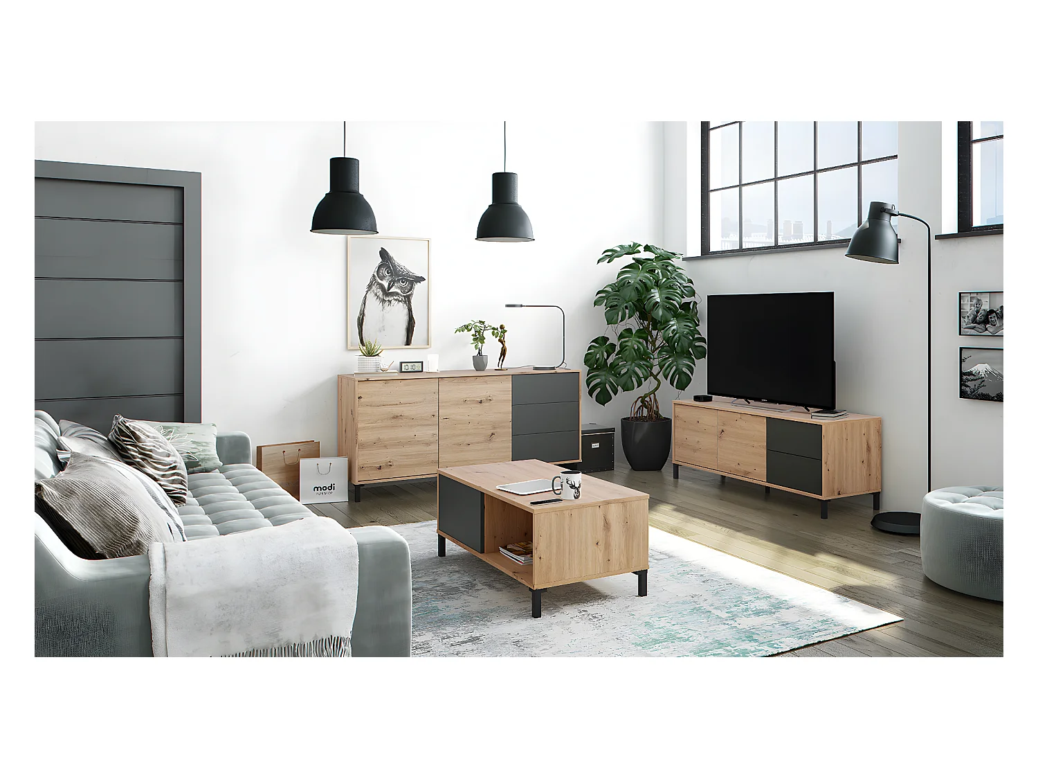 Table basse avec rangement en mélamine coloris chêne/gris anthracite - Hauteur 40 x Longueur 100 x Profondeur 50 cm