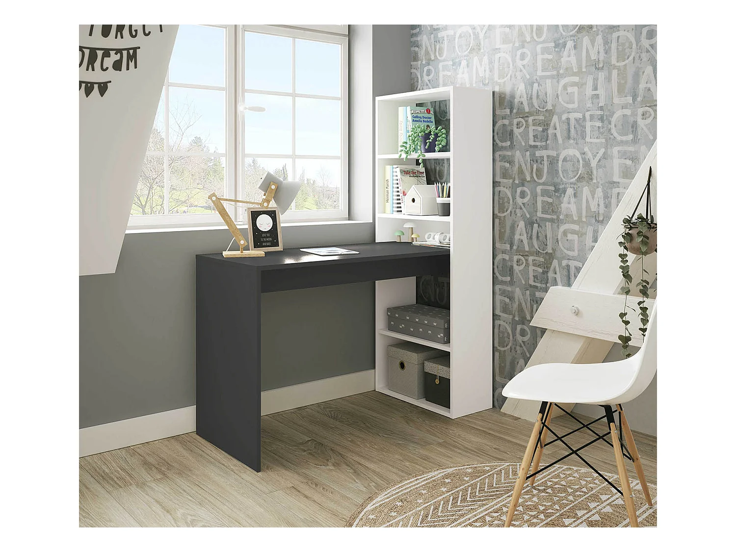 Bureau réversible en mélaminé coloris blanc artik gris anthracite - Hauteur 144 x Longueur 120 x Profondeur 53 cm