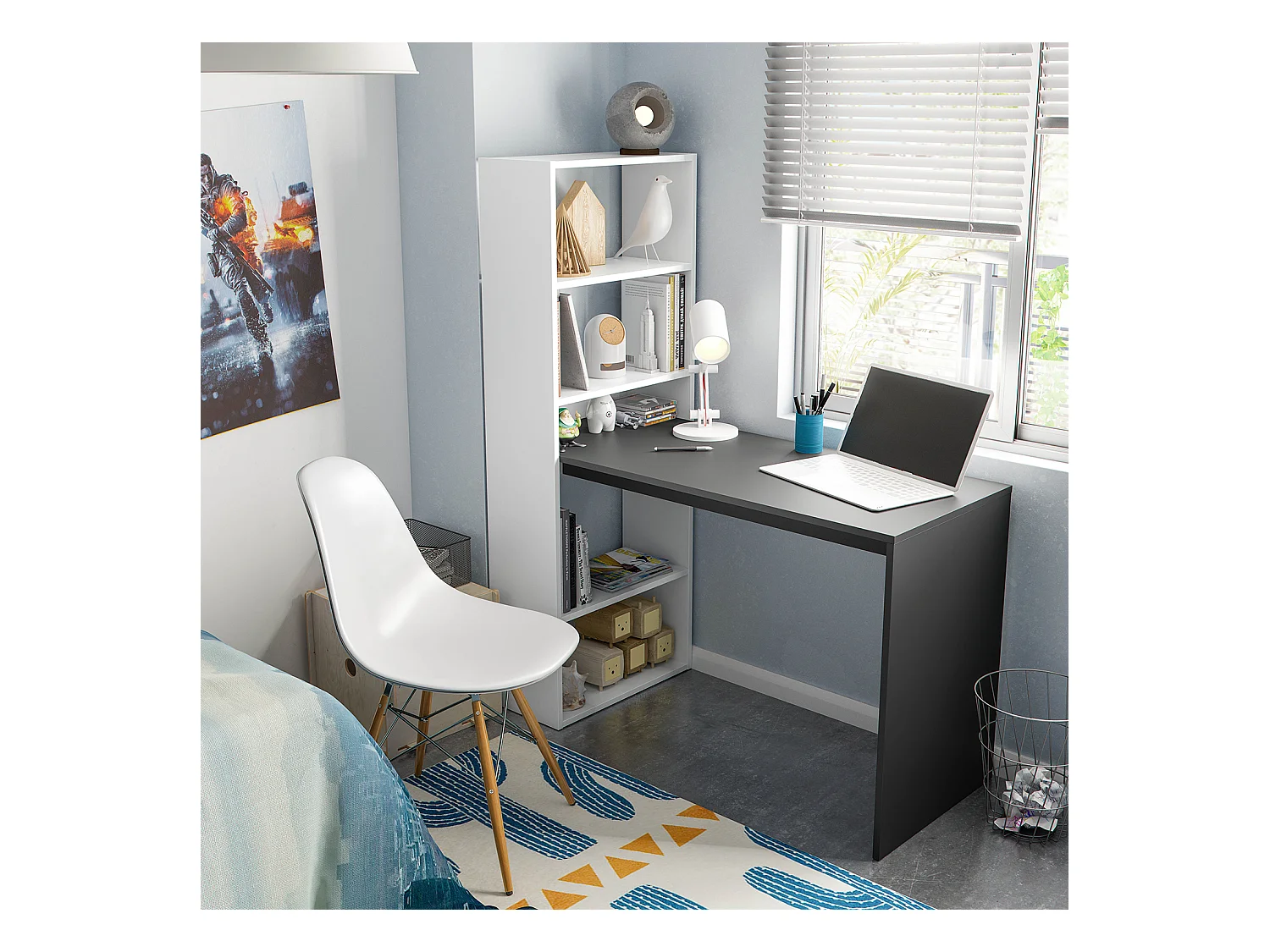 Bureau réversible en mélaminé coloris blanc artik gris anthracite - Hauteur 144 x Longueur 120 x Profondeur 53 cm